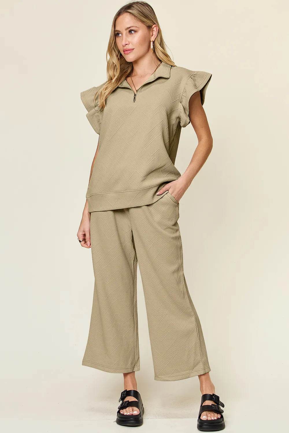Double Take Texture Ruffle Short Sleeve Top and Drawstring Wide Leg Pants Set - Tredona LLC