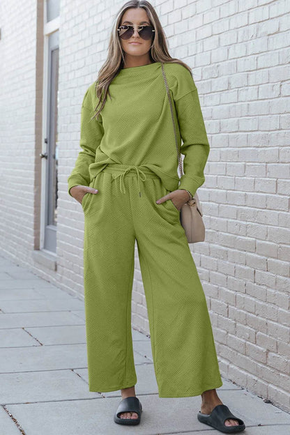 Double Take Full Size Textured Long Sleeve Top and Drawstring Pants Set - Tredona LLC