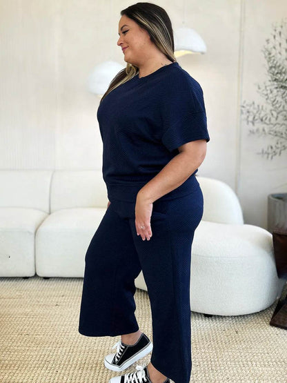 Double Take Full Size Texture Short Sleeve Top and Pants Set - Tredona LLC