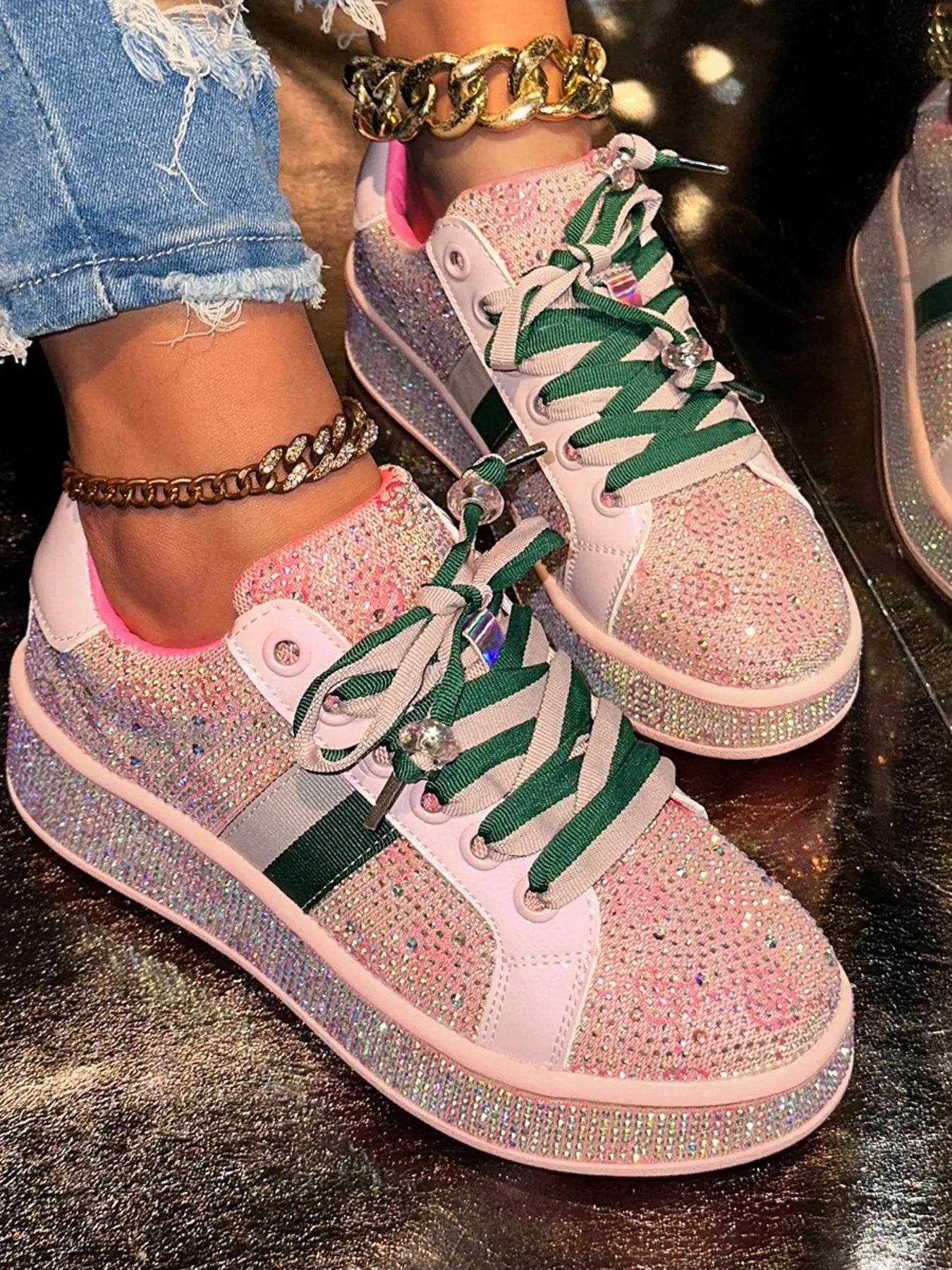 Rhinestone Round Toe Sneakers - Tredona LLC