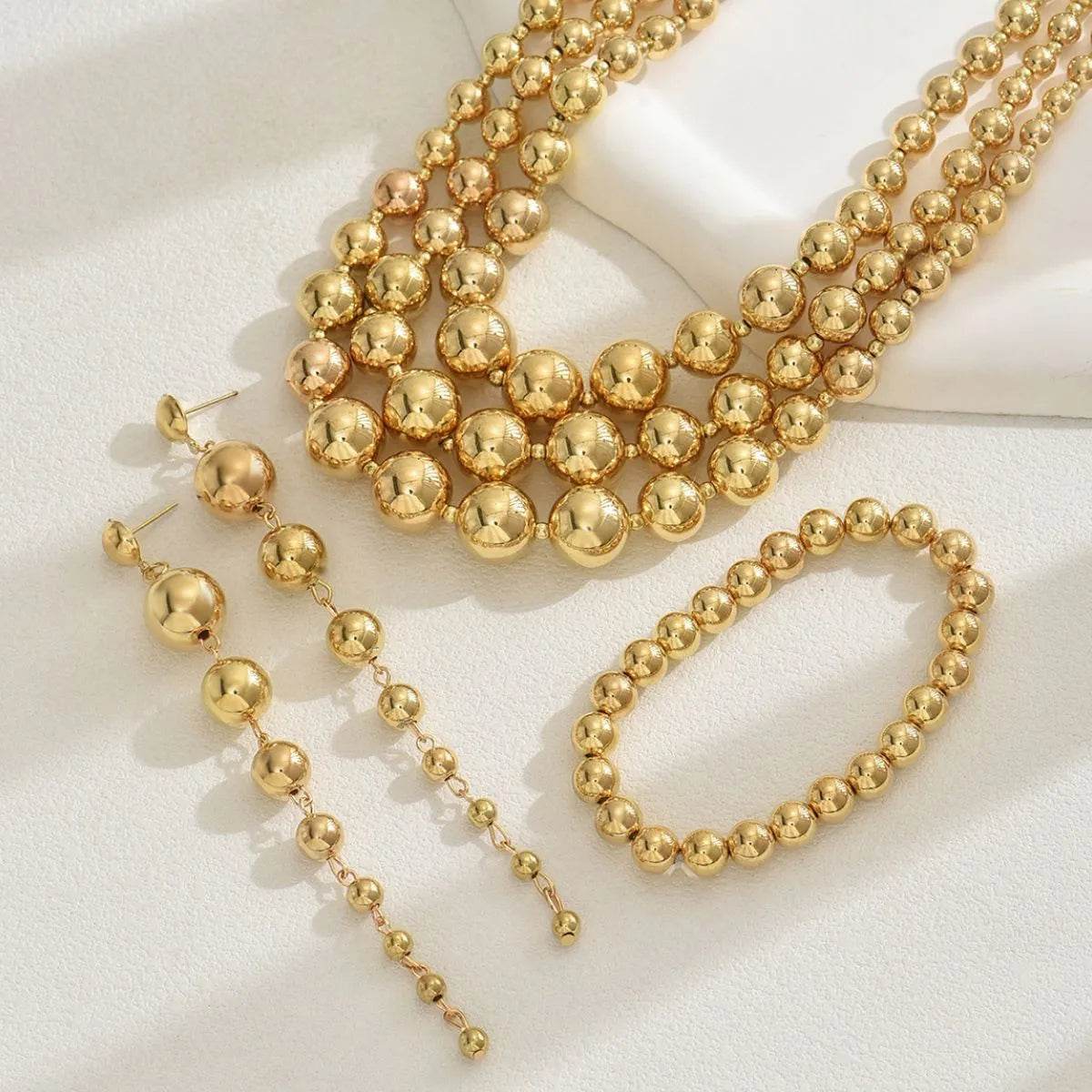 18K Stainless Steel Beaded Multi-Layered Necklace Bracelet Earrings Jewelry Set - Tredona LLC