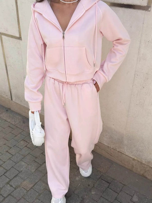 Zip Up Drawstring Hoodie and Pants Set - Tredona LLC