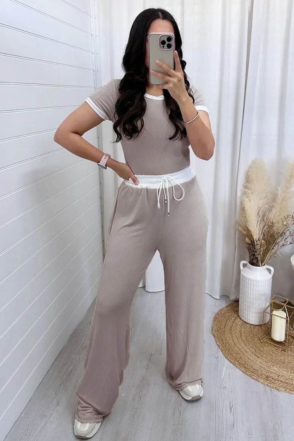 Contrast Trim Round Neck Top and Pants Set - Tredona LLC