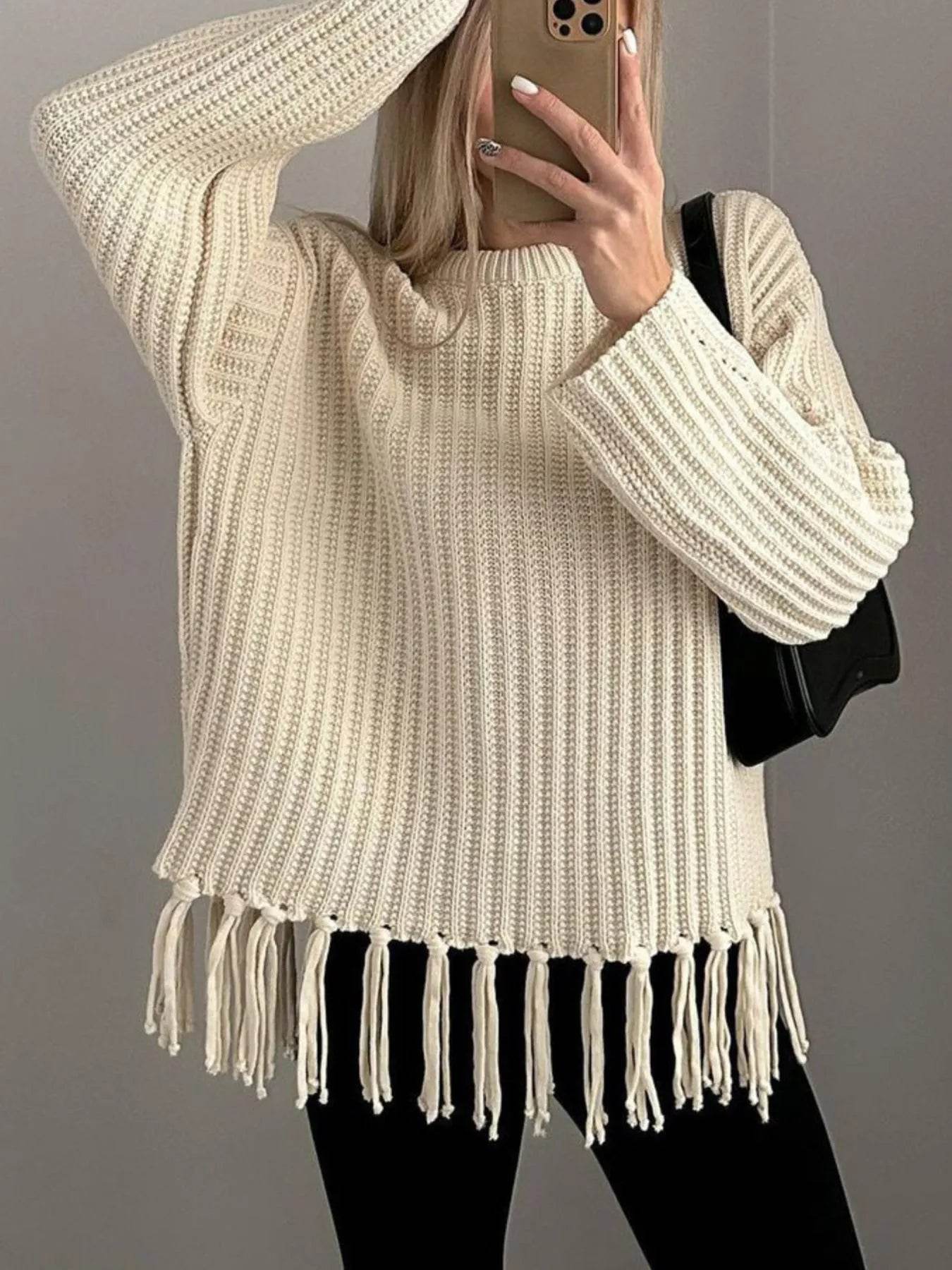 Fringe Round Neck Long Sleeve Sweater - Tredona LLC
