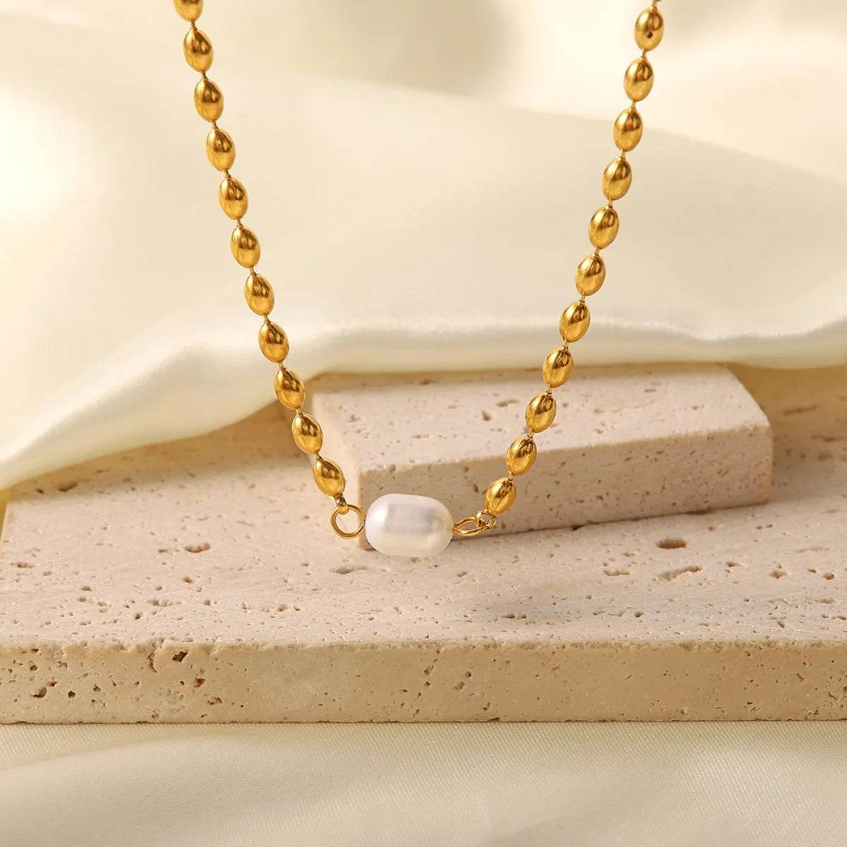 Pearl and Gold Chain Jewelry Set with Necklace and Bracelet - Tredona LLC