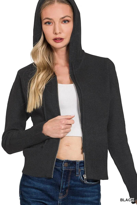 Zenana Drawstring Zip Up Hooded Cardigan - Tredona LLC