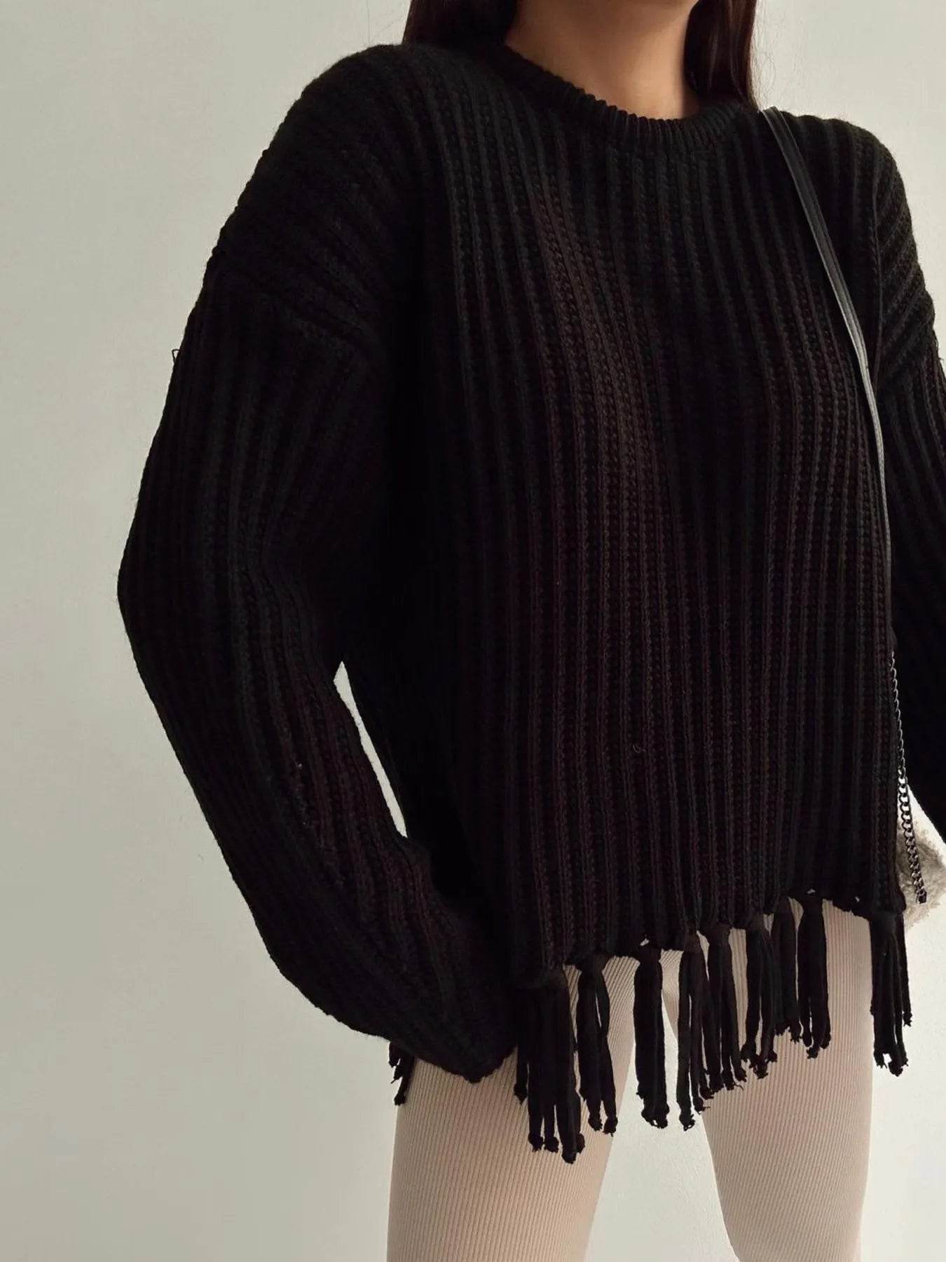 Fringe Round Neck Long Sleeve Sweater - Tredona LLC