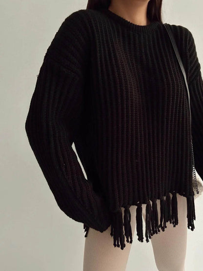 Fringe Round Neck Long Sleeve Sweater - Tredona LLC