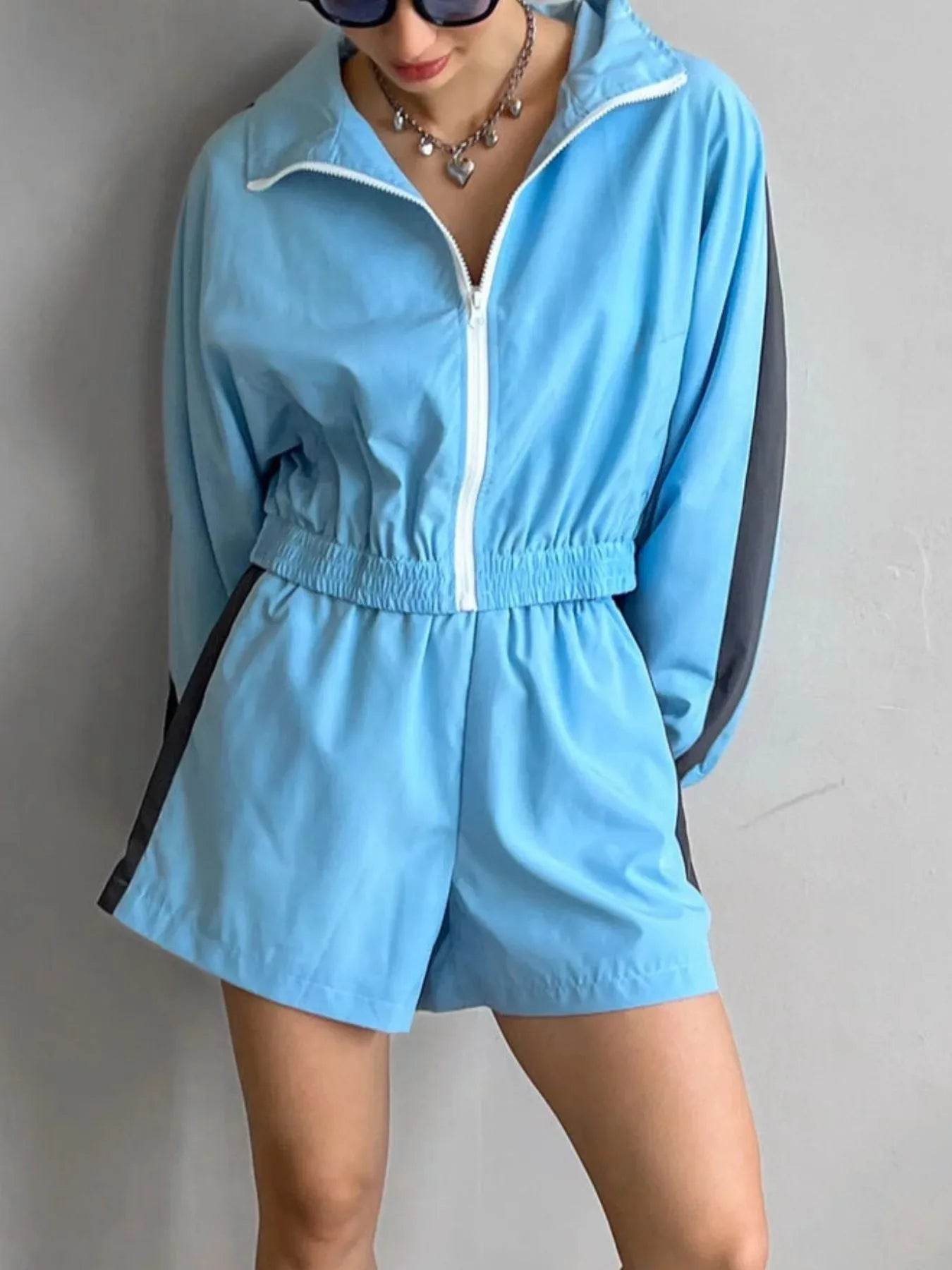 Zip Up Long Sleeve Jacket and Shorts Set - Tredona LLC