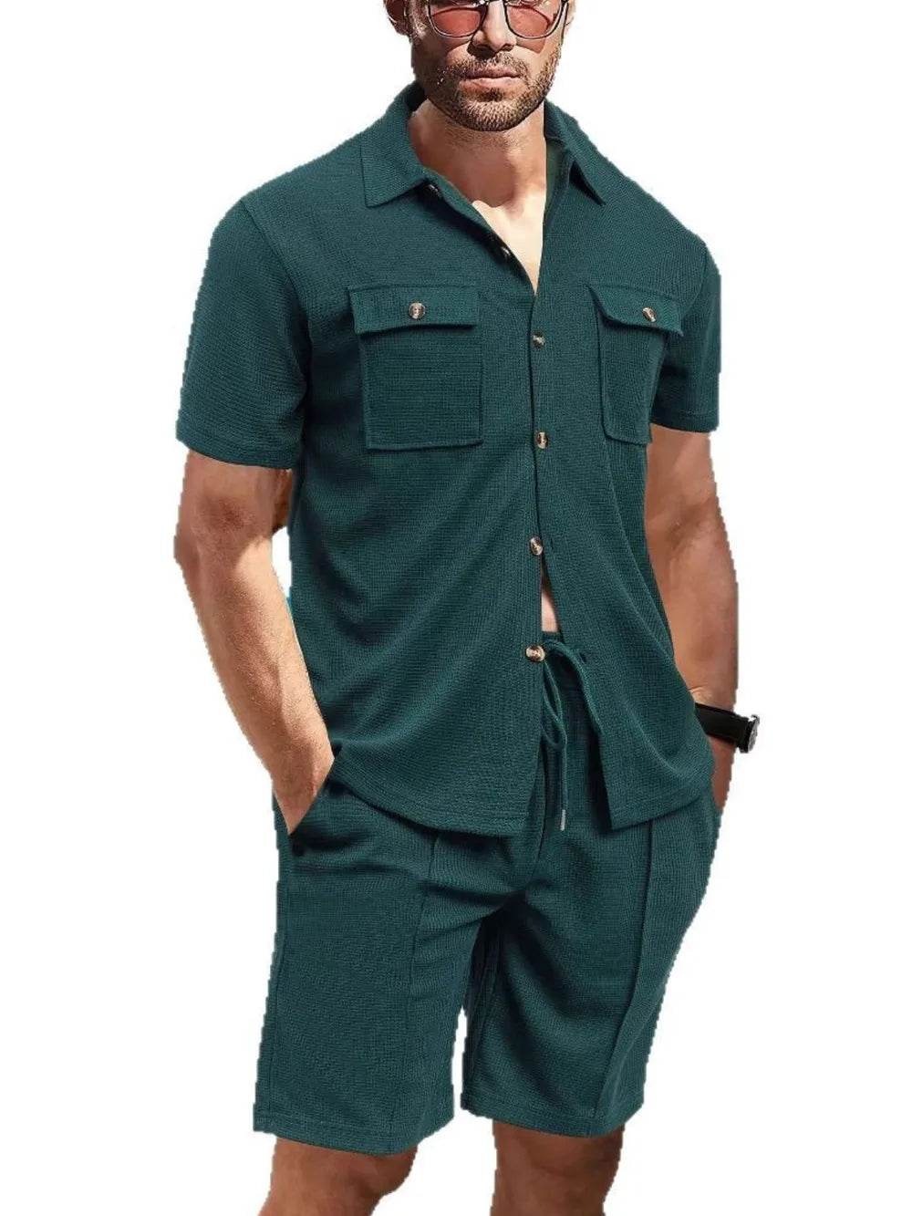Men's Full Size Button Down Short Sleeve Top and Shorts Set Plus Size - Tredona LLC