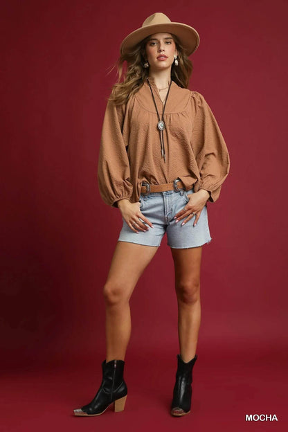 Umgee Textured Notched Blouse with Balloon Sleeves - Tredona LLC