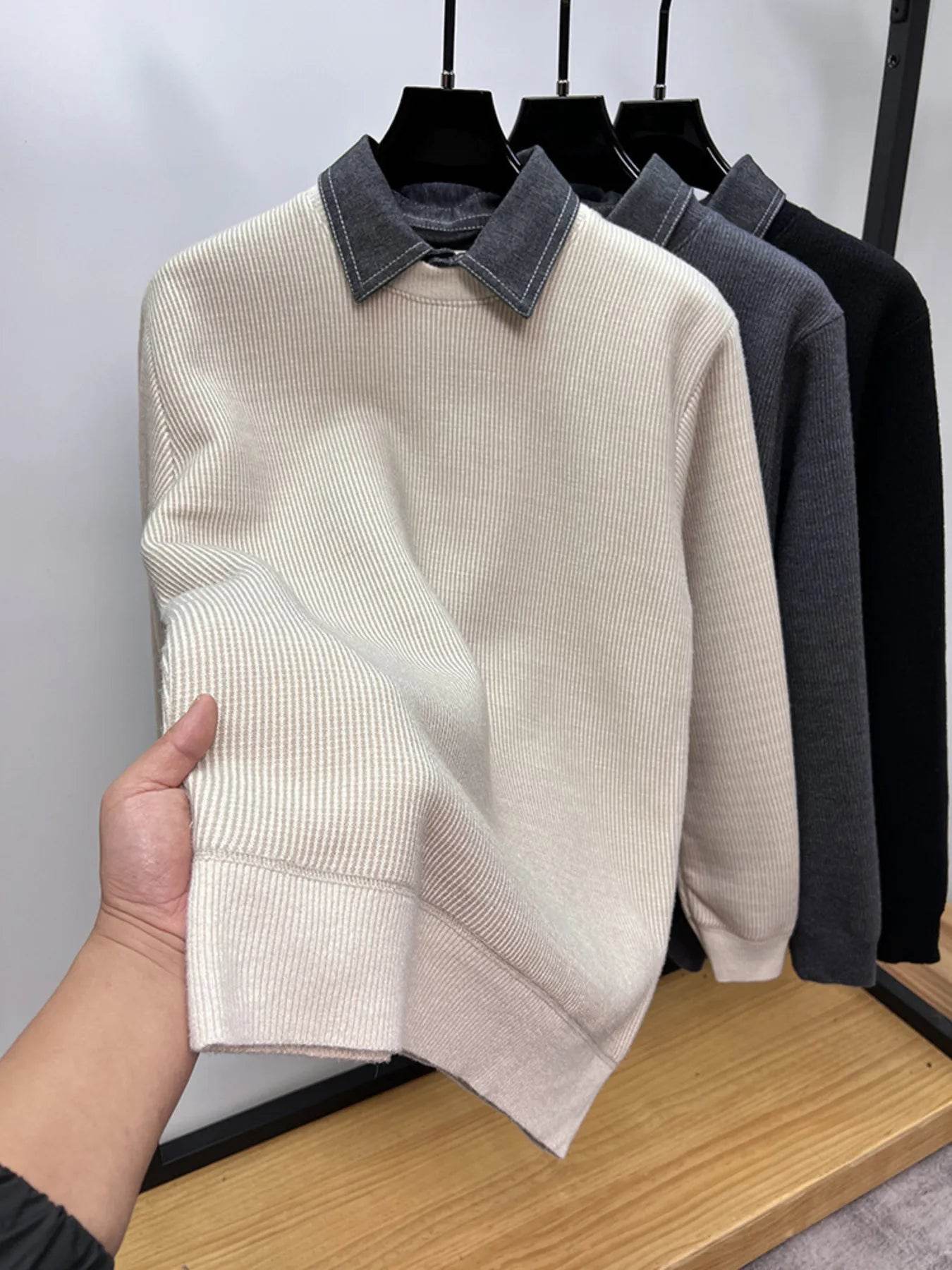 Men's Plus Size Ribbed Knit Collared Neck Sweater - Tredona LLC