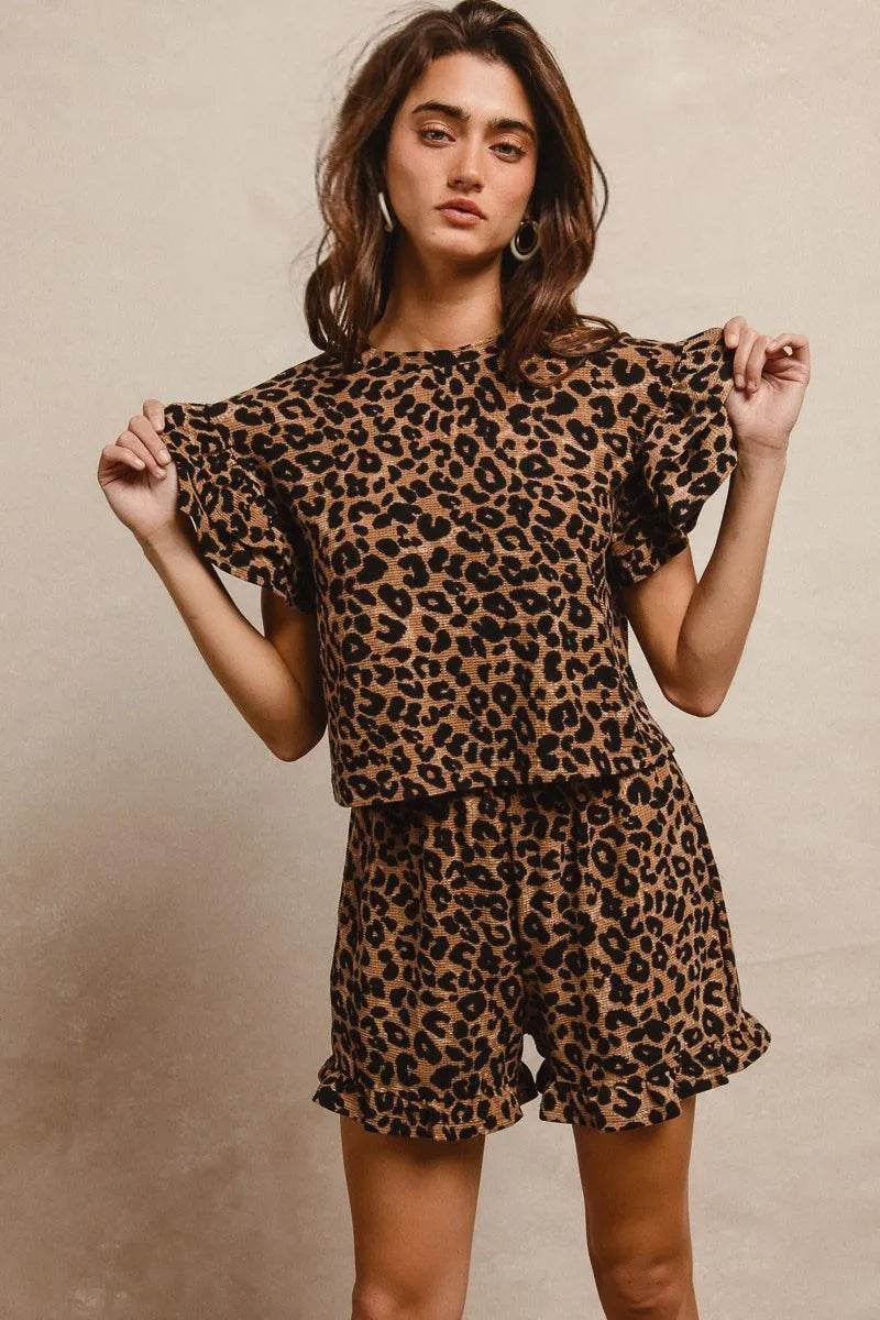 BiBi Leopard Print Waffle Texture Layered Ruffle Sleeve Top and Shorts Set - Tredona LLC