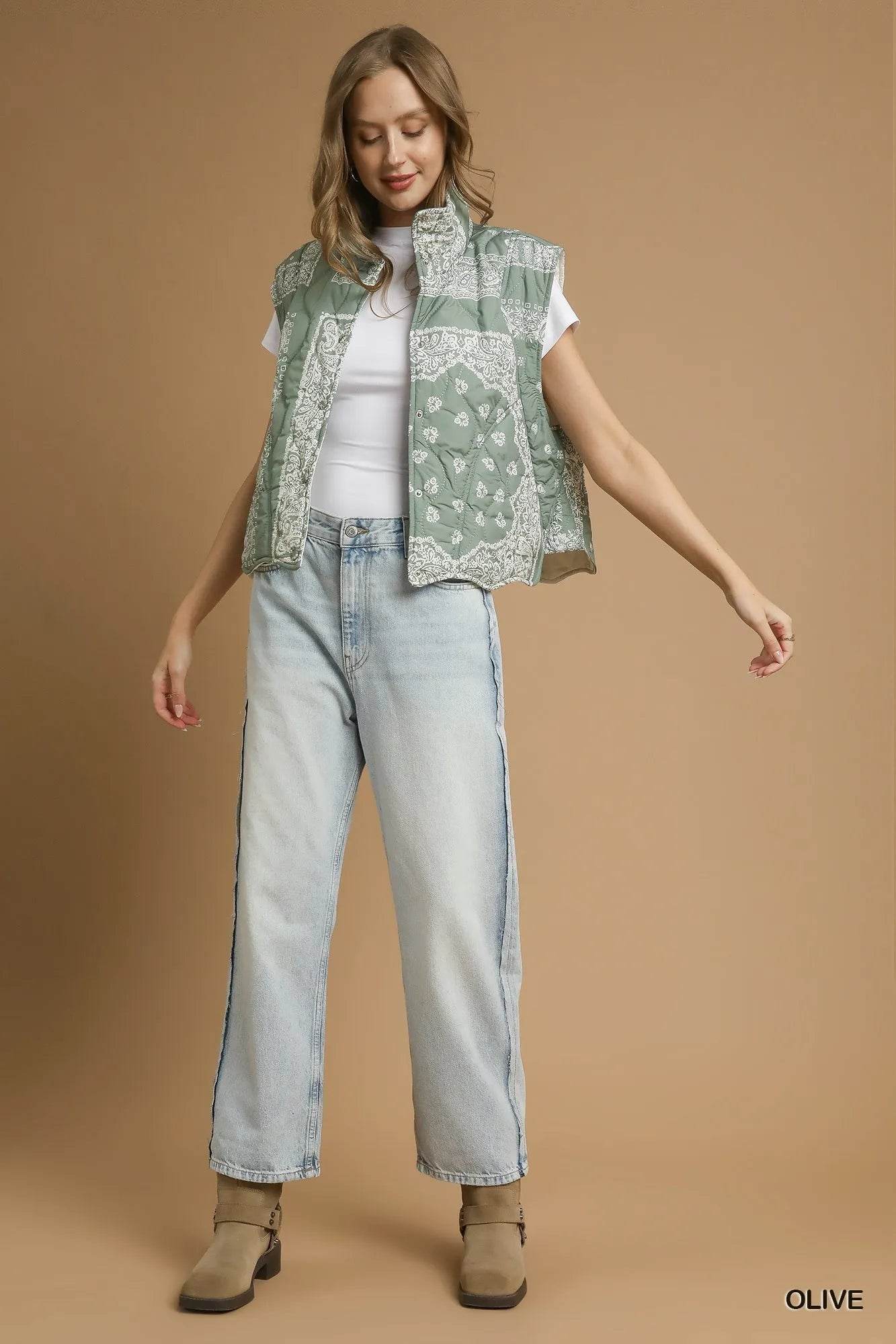 Umgee Bandana Print Quilted Puffer Vest - Tredona LLC