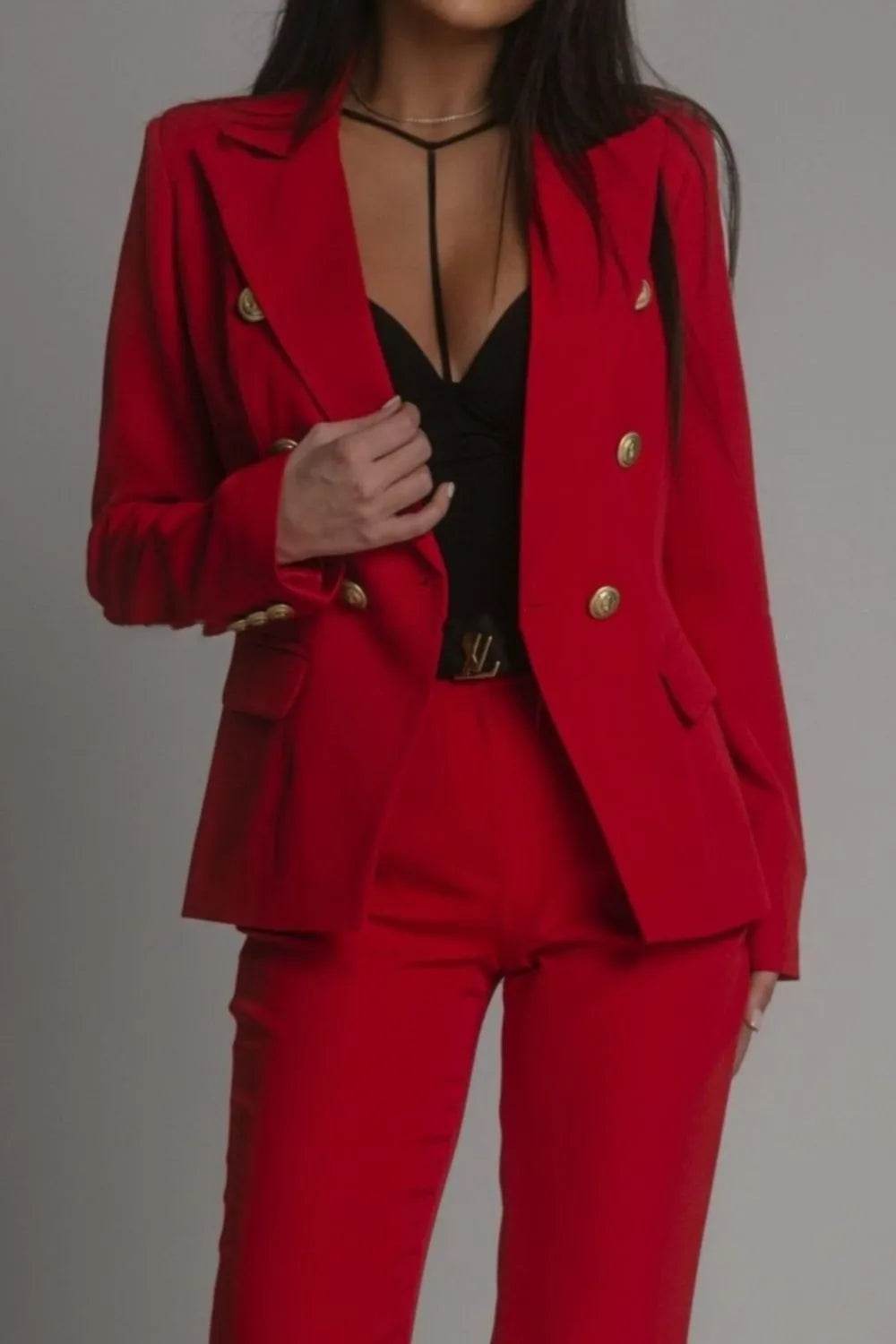 Full Size Lapel Collar Long Sleeve Blazer and Pants Set Plus Size - Tredona LLC