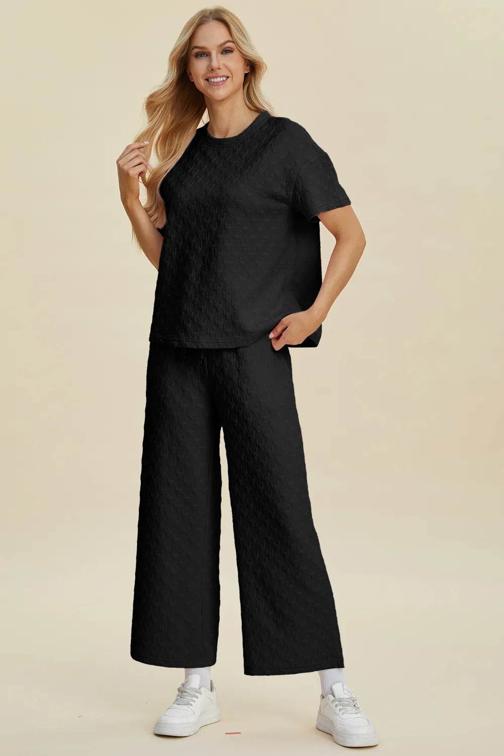 Double Take Full Size Texture Round Neck Short Sleeve Top and Pants Set - Tredona LLC