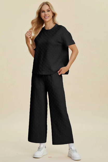 Double Take Full Size Texture Round Neck Short Sleeve Top and Pants Set - Tredona LLC