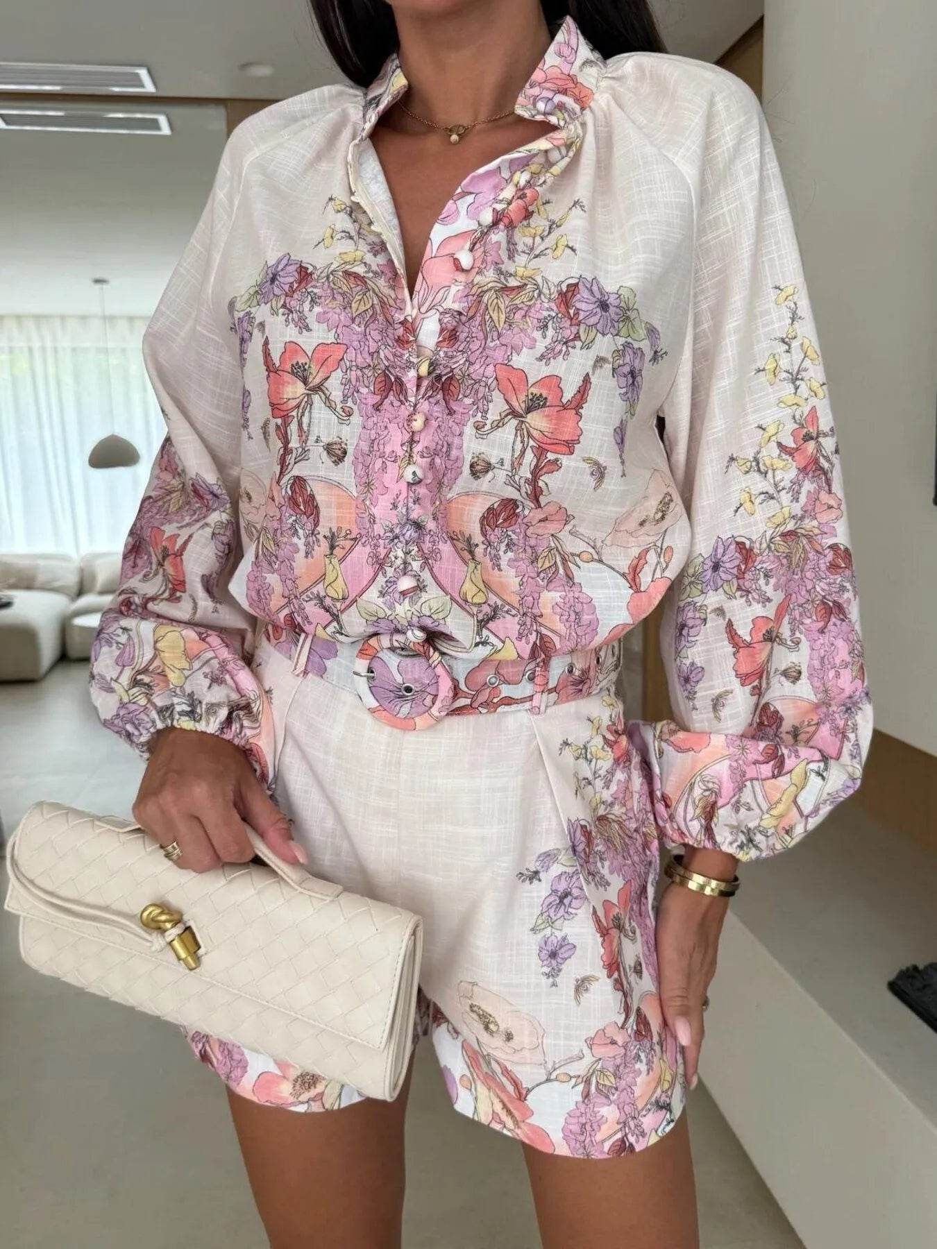 Printed Long Sleeve Shirt and Shorts Set - Tredona LLC