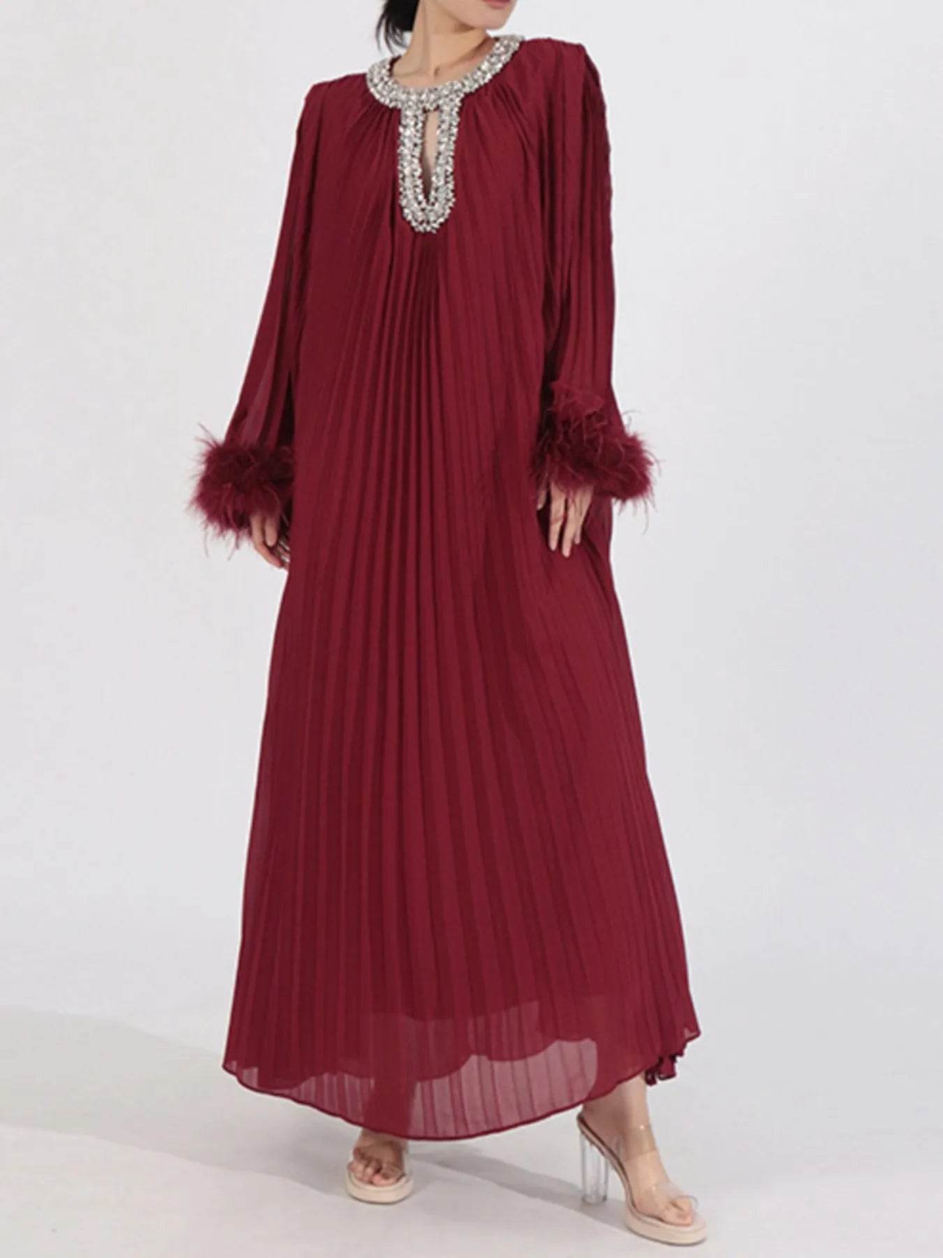 Rhinestone Long Sleeve Maxi Dress - Tredona LLC