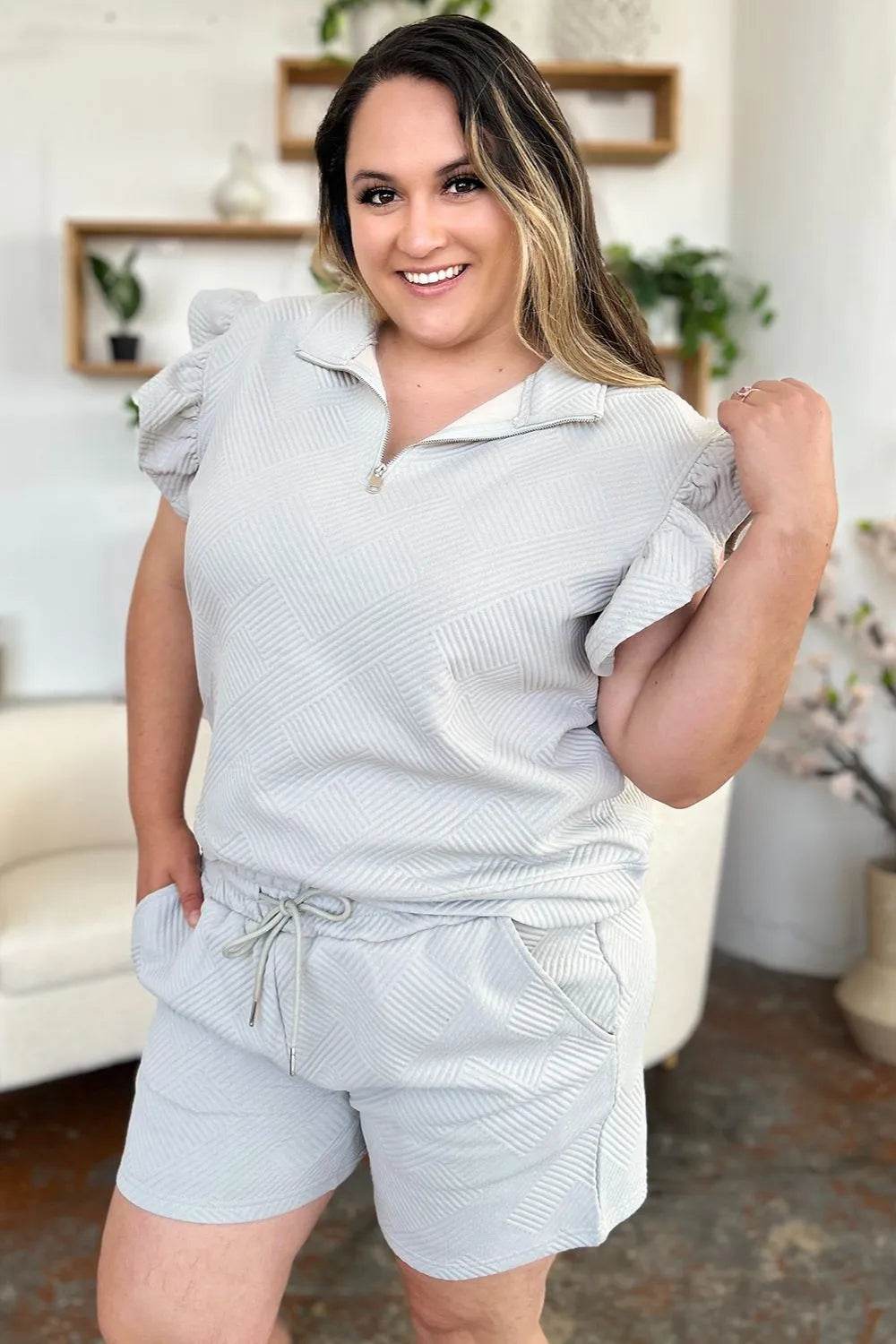 Double Take Full Size Texture Flounce Sleeve Top and Drawstring Shorts Set - Tredona LLC