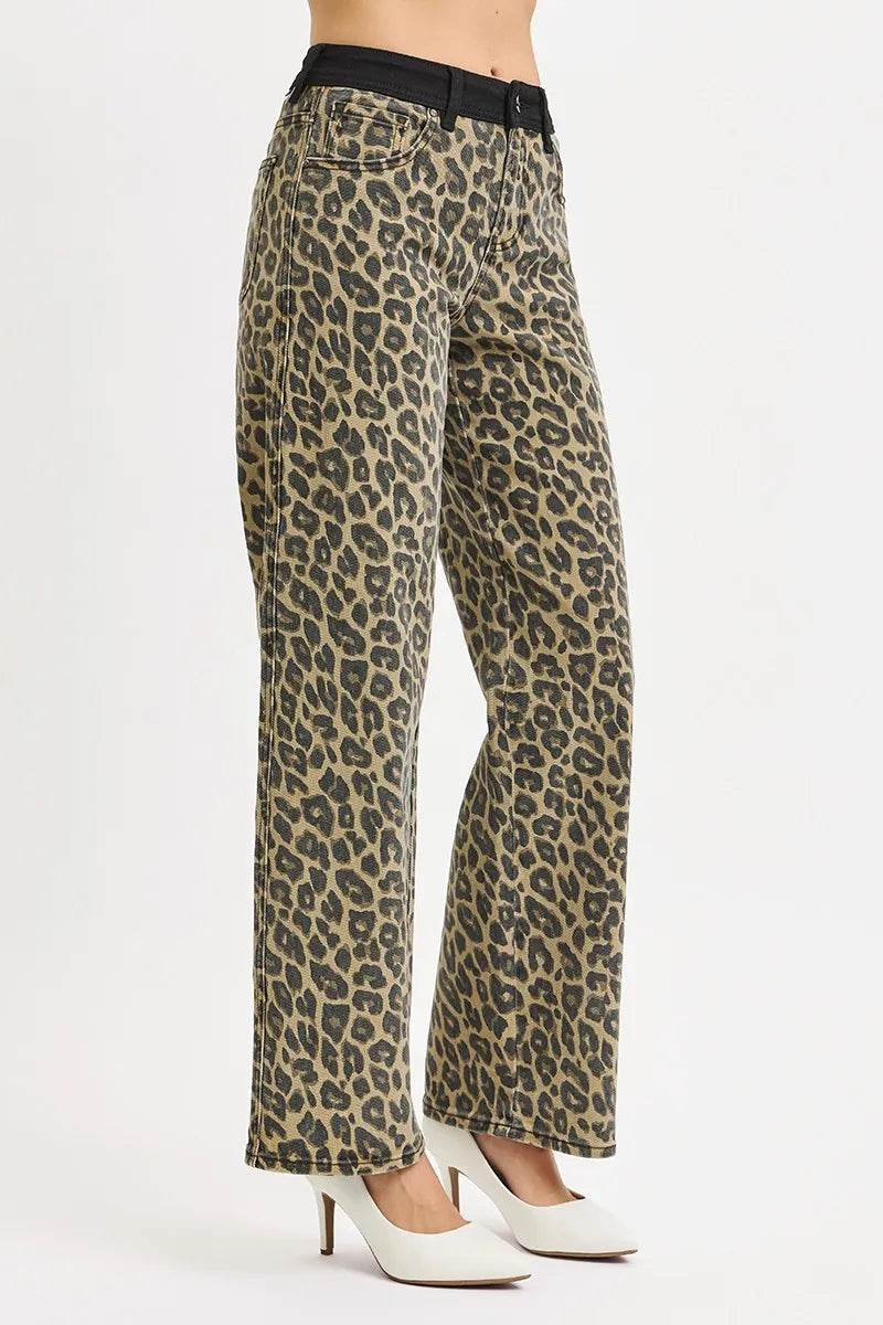 RISEN High Rise Wide Leg Leopard Printed Jeans with Contrast Waist Band Detail - Tredona LLC