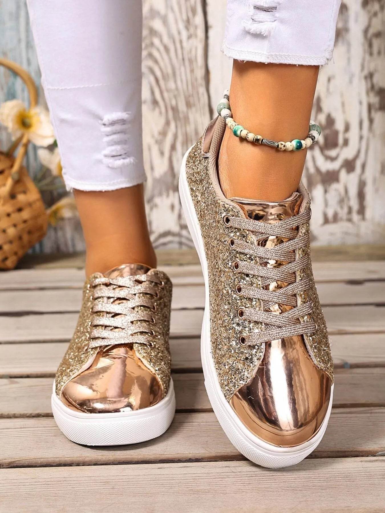Sequin Lace Up Sneakers - Tredona LLC