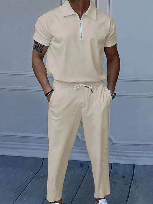 Men's Full Size Quarter Zip Short Sleeve Polo and Pants Set Plus Size - Tredona LLC