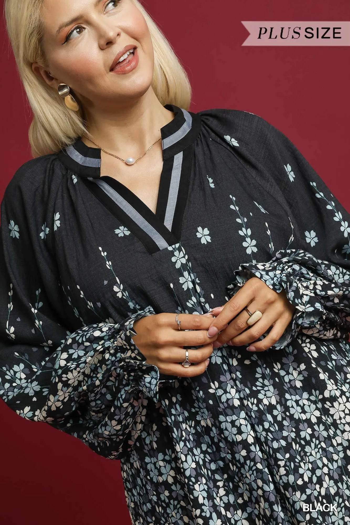 Umgee Full Size Floral Vine Print Blouse with Balloon Sleeves Plus Size - Tredona LLC