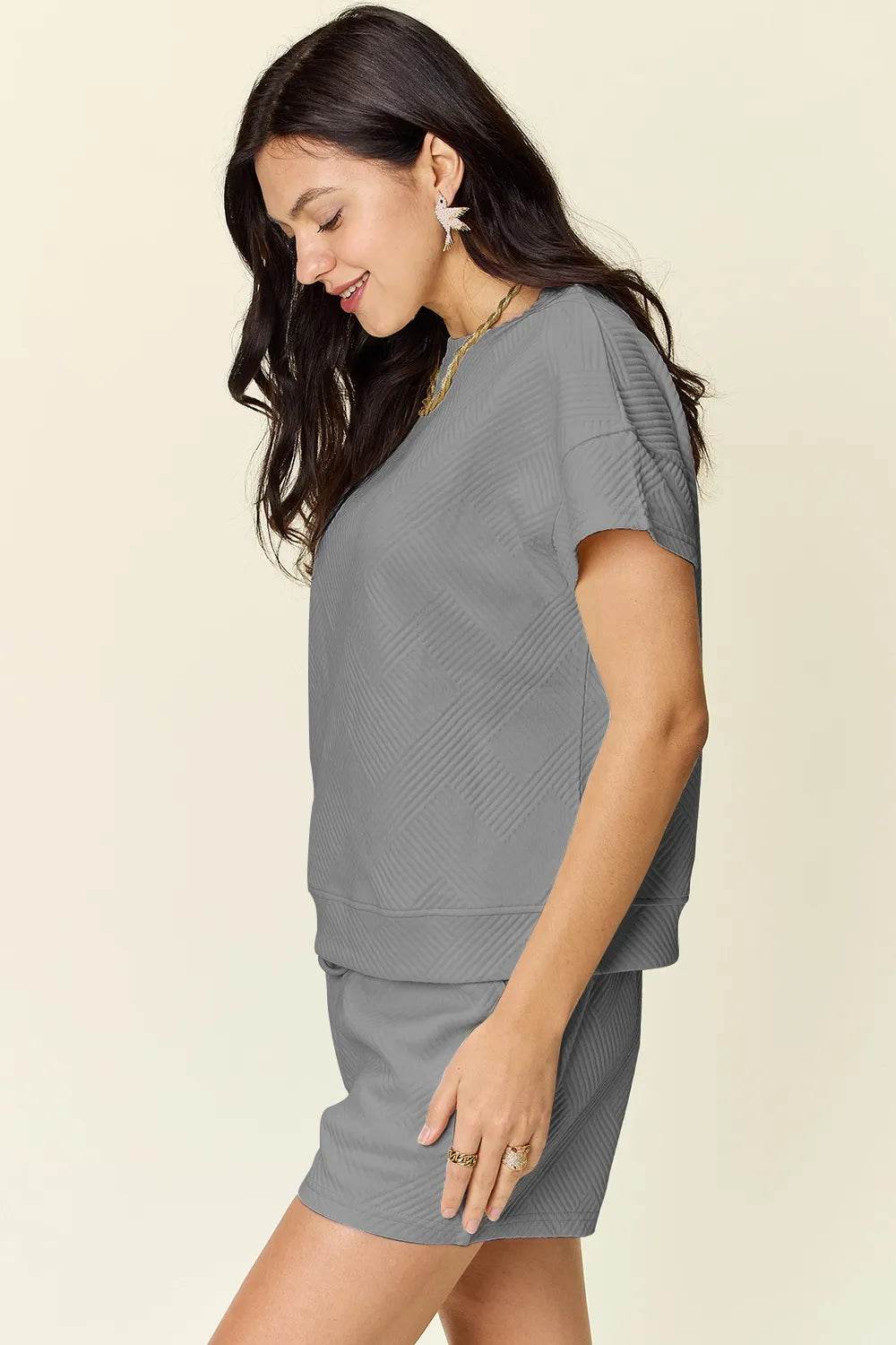 Double Take Full Size Texture Short Sleeve T-Shirt and Drawstring Shorts Set - Tredona LLC