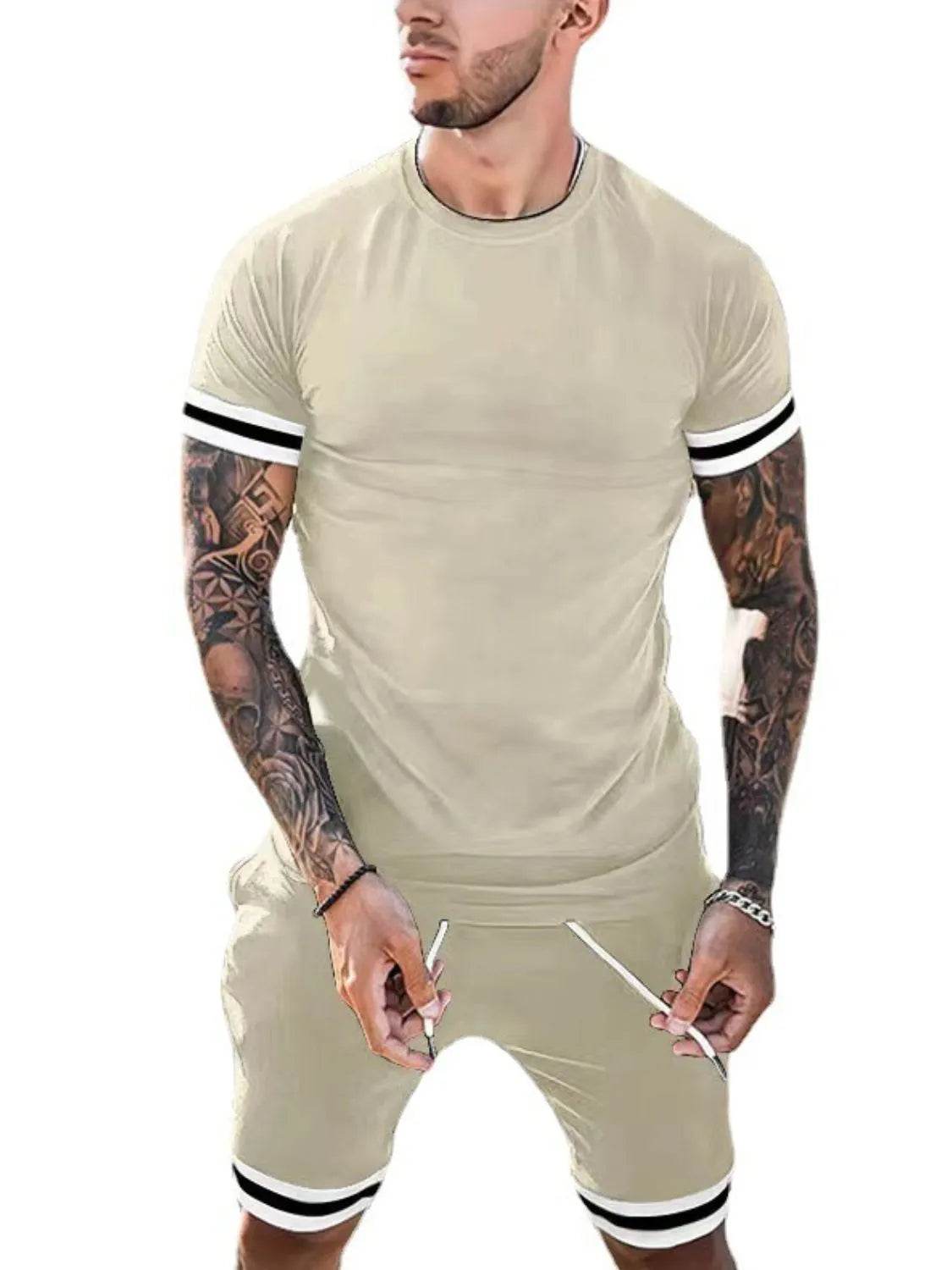 Men's Plus Size Round Neck Short Sleeve Top and Shorts Set - Tredona LLC