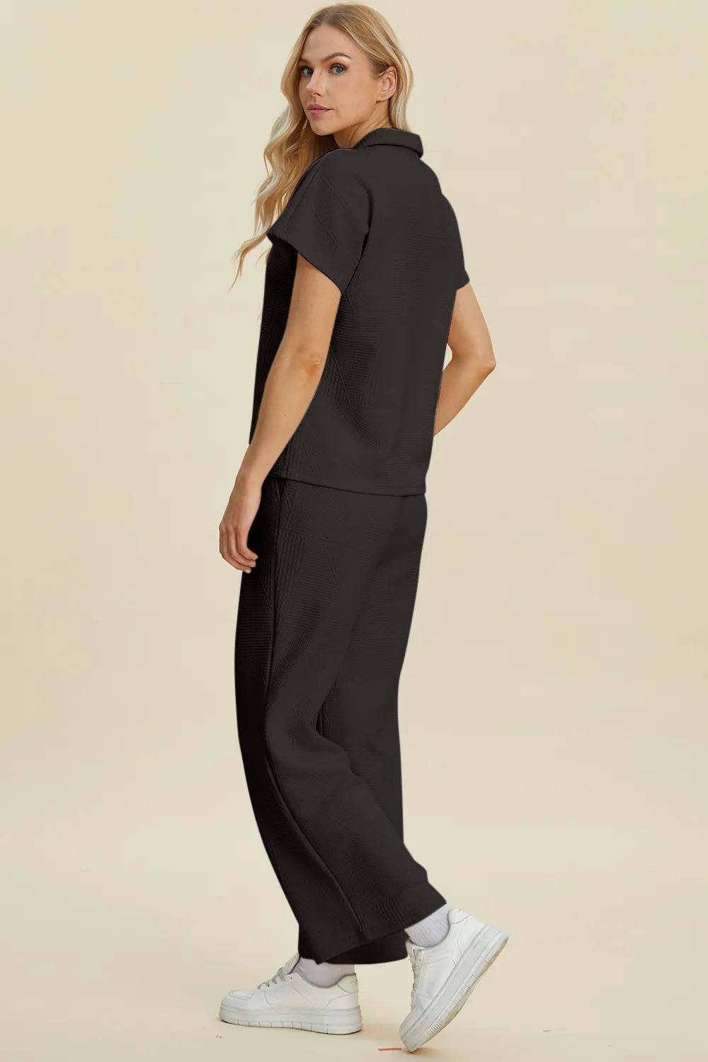 Double Take Full Size Collared Neck Short Sleeve Top and Pants Set - Tredona LLC