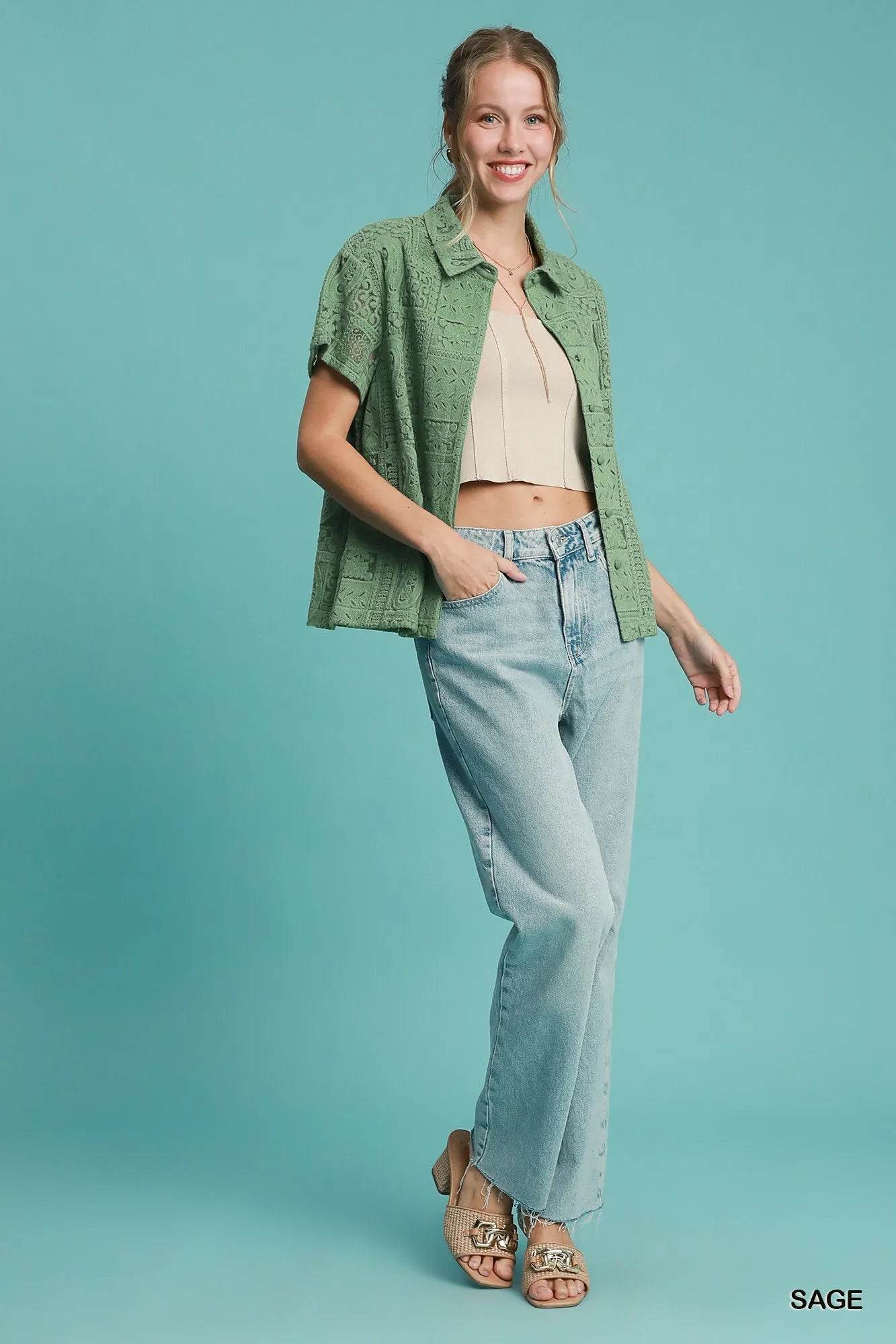 Umgee Patch Lace Short Sleeve Button Down Shirt - Tredona LLC