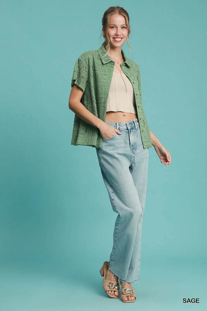 Umgee Patch Lace Short Sleeve Button Down Shirt - Tredona LLC