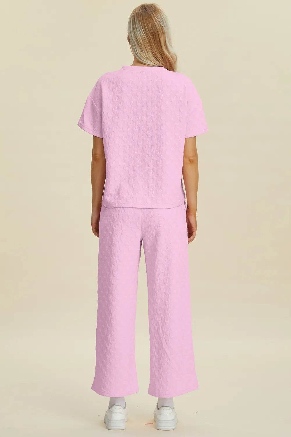 Double Take Full Size Texture Round Neck Short Sleeve Top and Pants Set - Tredona LLC