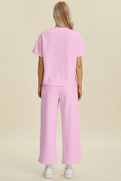 Double Take Full Size Texture Round Neck Short Sleeve Top and Pants Set - Tredona LLC
