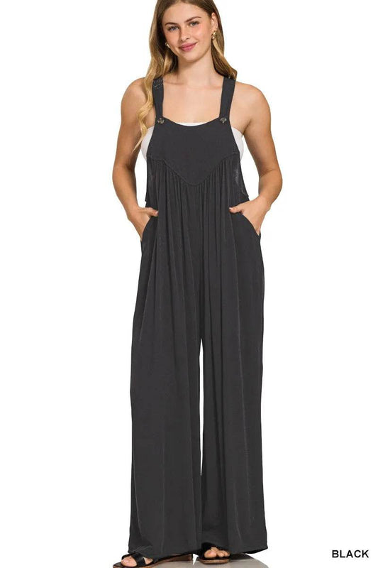 Zenana Woven Rayon Crepe Wide Leg Overalls - Tredona LLC