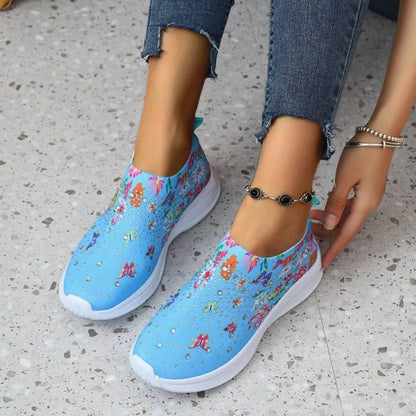 Rhinestone Floral Print Sneakers - Tredona LLC