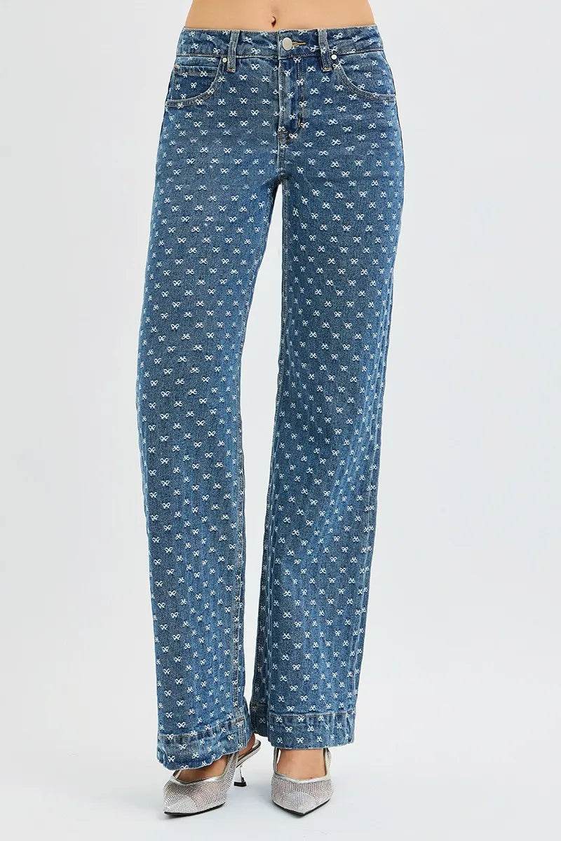 RISEN High Rise Wide Leg Bow Embroidered Jeans - Tredona LLC