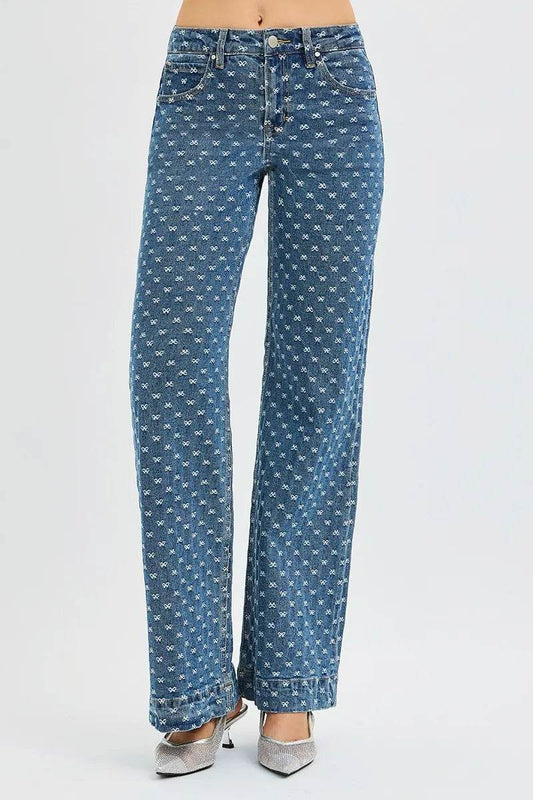RISEN High Rise Wide Leg Bow Embroidered Jeans - Tredona LLC