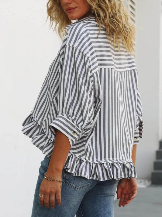 Striped Ruffle Hem Button-Up Shirt - Tredona LLC