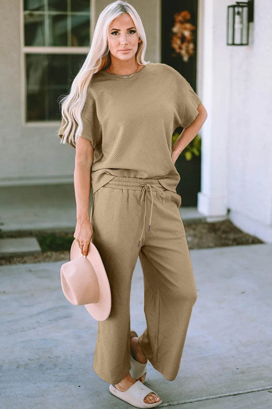 Double Take Full Size Texture Short Sleeve Top and Pants Set - Tredona LLC