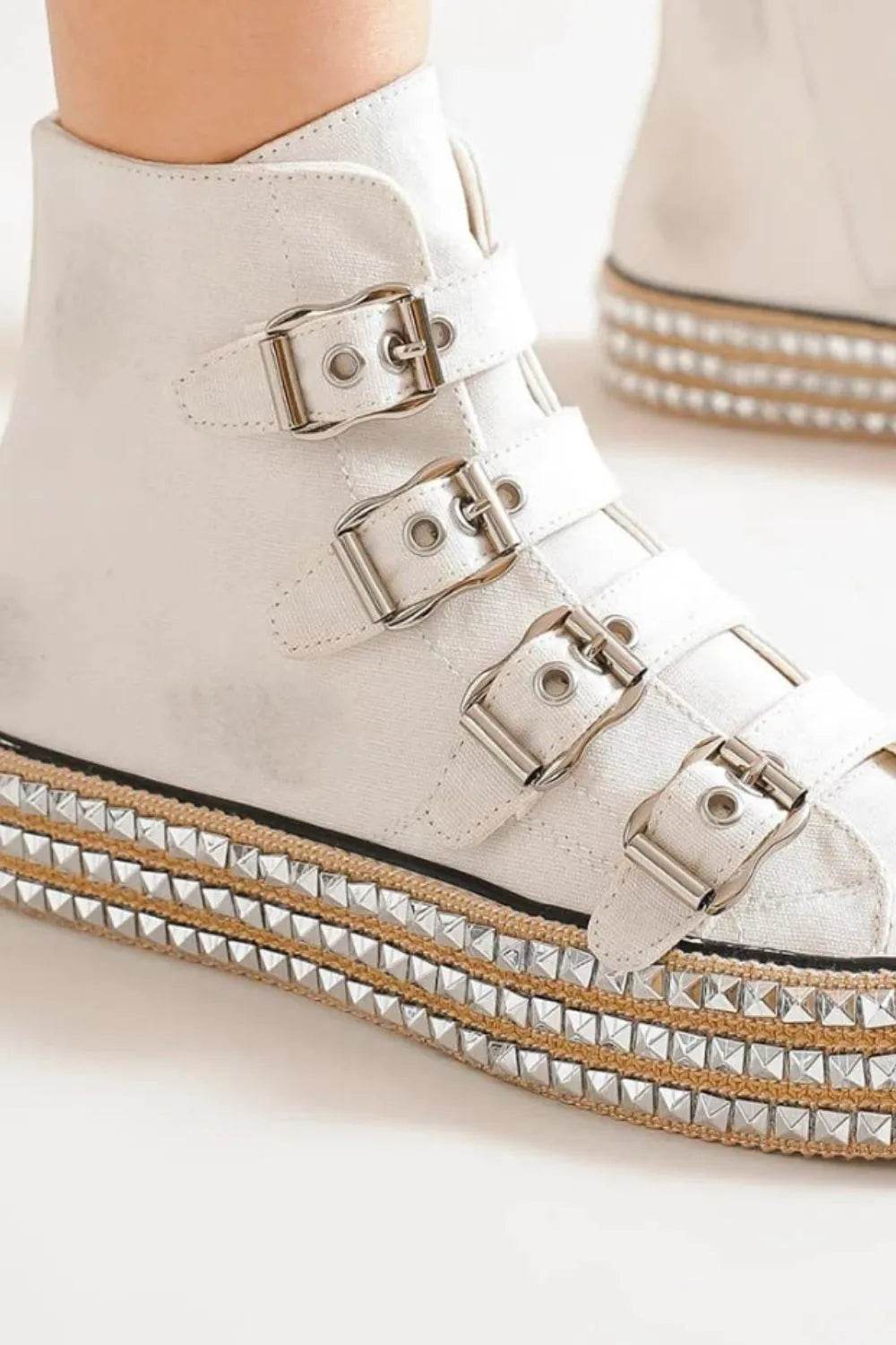 Beast Fashion Multi-Buckle Straps Studded Platform Sneakers - Tredona LLC