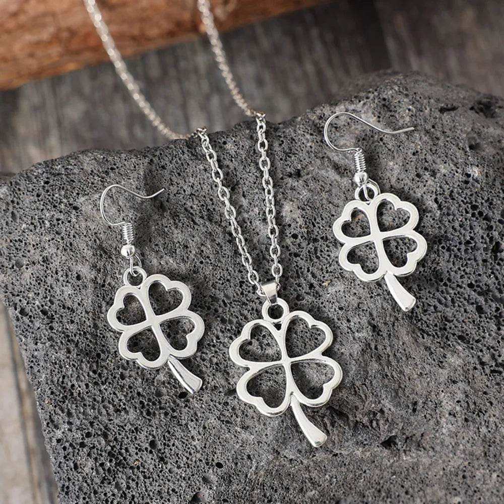 Lucky Clover Alloy Earrings and Necklace Jewelry Set - Tredona LLC