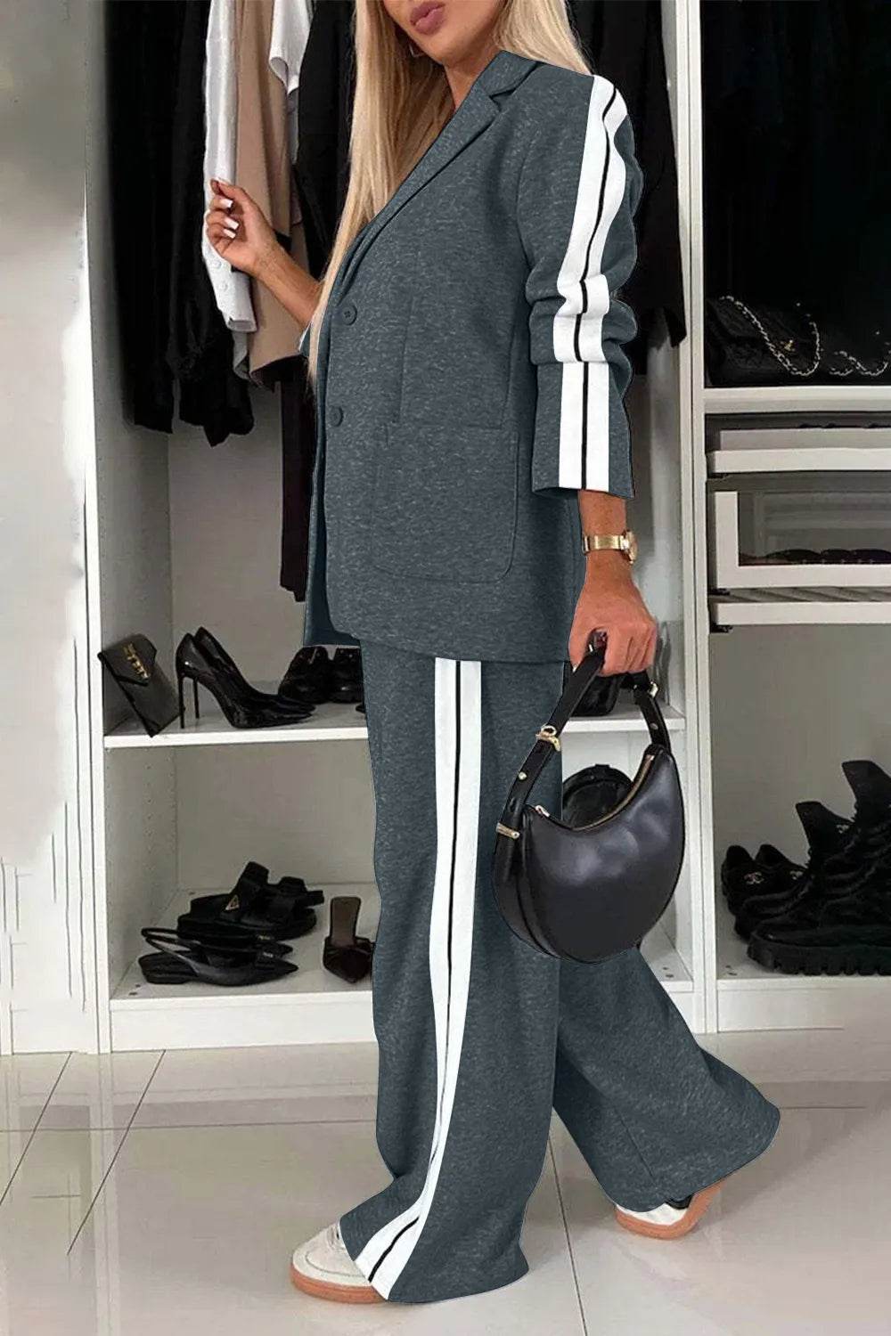 Full Size Contrast Lapel Collar Top and Pants Set - Tredona LLC