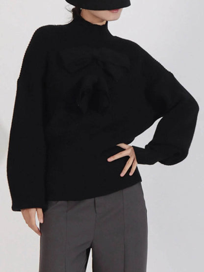 Bow Front Turtleneck Long Sleeve Sweater - Tredona LLC