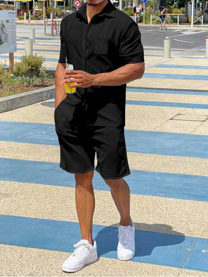 Men's Full Size Casual Short Sleeve Shirt and Shorts Matching Set Plus Size - Tredona LLC