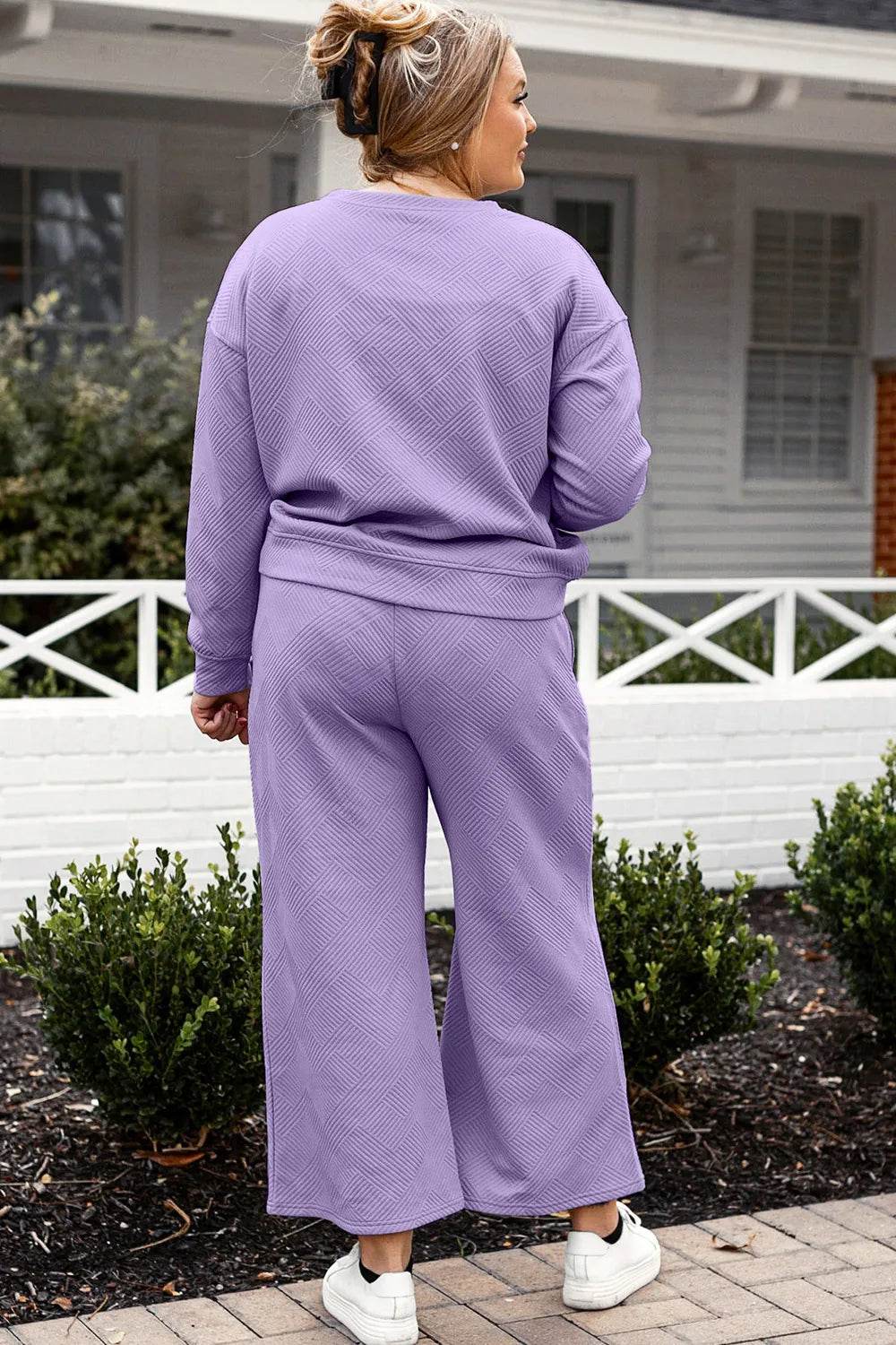 Double Take Full Size Textured Long Sleeve Top and Drawstring Pants Set - Tredona LLC