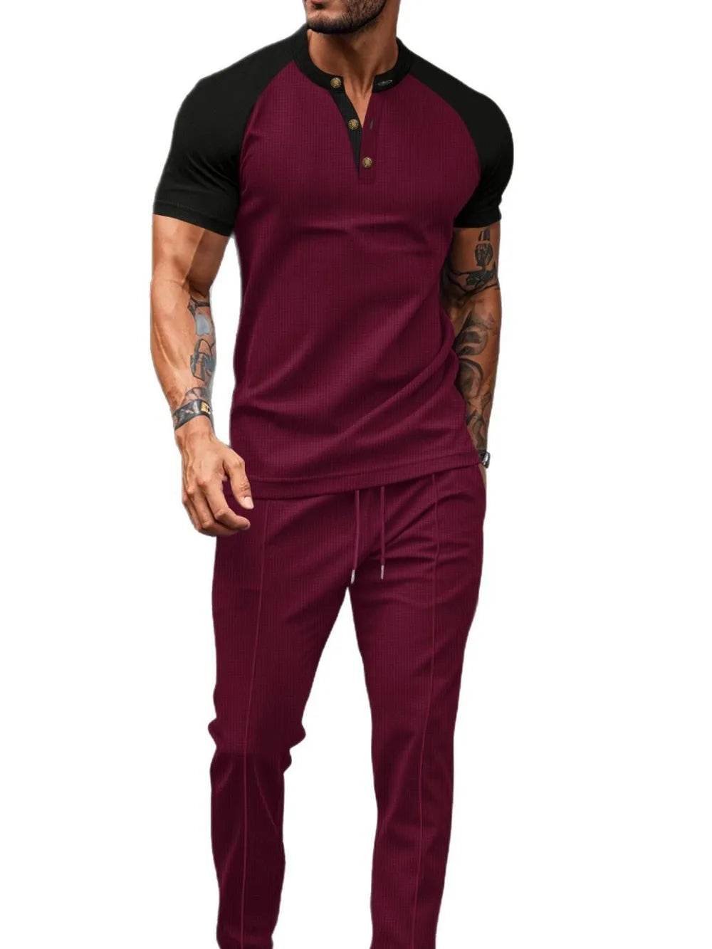 Men's Full Size Waffle-Knit Contrast Top and Drawstring Pants Set Plus Size - Tredona LLC
