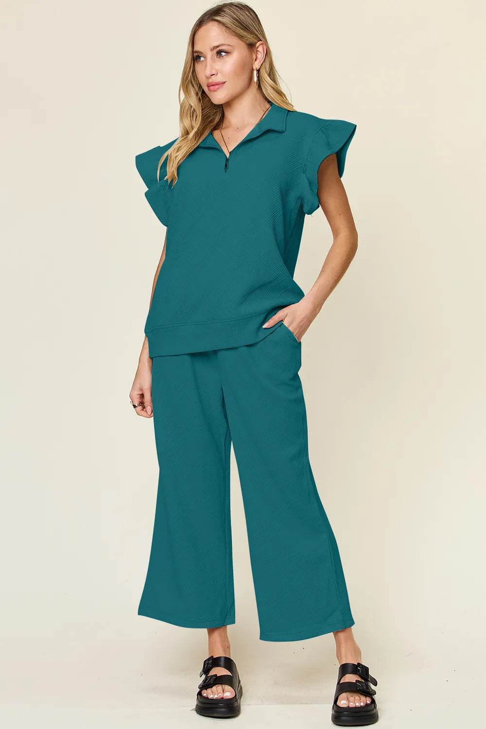 Double Take Texture Ruffle Short Sleeve Top and Drawstring Wide Leg Pants Set - Tredona LLC