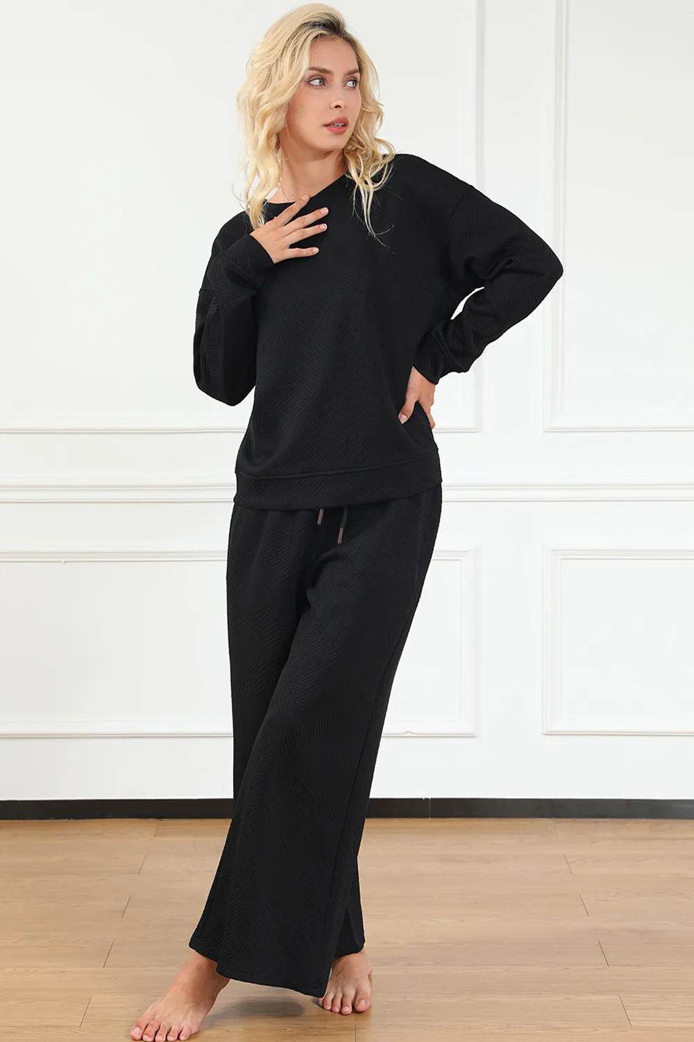 Double Take Full Size Textured Long Sleeve Top and Drawstring Pants Set - Tredona LLC